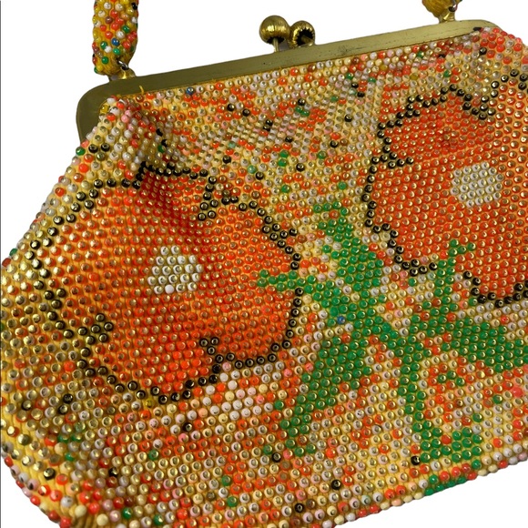 Beautiful Vintage orange flower bead purse beaded 1970s - Picture 4 of 12